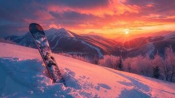 A snowboard rests in fresh snow as vibrant colors fill the sky at sunset over a stunning mountain range. The atmosphere is serene and inviting for outdoor enthusiasts. photo