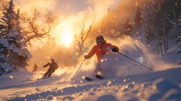 A group of skiers glides down powdery slopes as the sun sets, casting a warm glow through the trees. Snowflakes dance in the crisp air, creating a magical winter atmosphere. photo