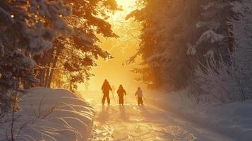 A family walks together along a snow covered path in a serene forest as the sun sets, casting a warm golden glow through the trees and creating a magical winter atmosphere. photo