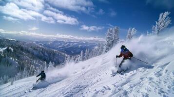 Two skiers carve through deep, fresh snow on a beautiful mountainside. The bright blue sky and cloud formations add to the picturesque winter scenery. photo