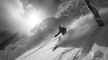 A skier glides through fresh snow on a mountain slope, surrounded by bare trees. The sun shines brightly, creating a stark contrast in the snowy environment. photo