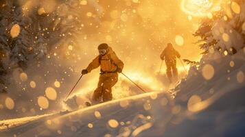 Two skiers navigate through a snow laden forest, surrounded by glowing sunlight filtering through trees, creating a warm ambiance during a chilly winter evening. photo