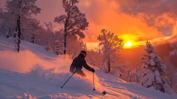 A skier gracefully navigates through fresh snow while the sun sets behind the mountains, casting warm hues across the winter landscape. Trees lined with snow enhance the serene atmosphere. photo