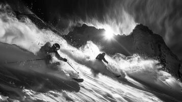 Two skiers navigate downhill on fresh snow, creating powder clouds around them, with dramatic mountain peaks silhouetted against a bright, sunny backdrop. photo