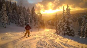 A skier glides down a slope surrounded by tall pine trees, with a sunset illuminating the sky in vibrant golden hues, creating a serene winter atmosphere. photo