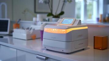 A smart printing device sits on a clean kitchen counter, surrounded by organized supplies and soft lighting while natural light fills the room during daylight hours. photo