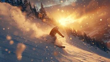 A skier expertly carves through deep snow, generating a spray of powder, while the sun sets behind the mountain peaks, casting golden light across the landscape. photo
