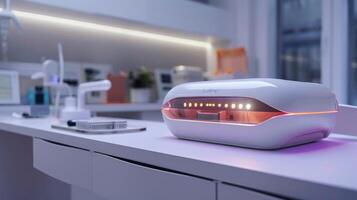 A sleek sterilization device sits on a laboratory countertop, illuminated with soft lighting, ensuring that equipment remains clean and safe for ongoing scientific research photo
