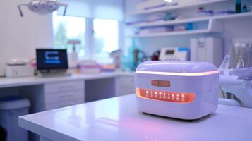 Advanced sterilization unit displayed on a countertop in a modern dental clinic, showcasing a clean and organized workspace with bright lighting. photo