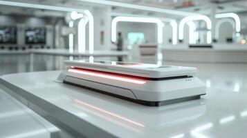 A sleek, white device equipped with glowing LED lights sits on a polished table in a modern exhibition space. The clean lines and ambient lighting highlight the advanced technology and design. photo