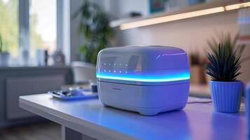 A modern appliance emits blue light in a bright kitchen filled with natural sunlight, highlighting its sleek design and functionality on a table with small plants. photo