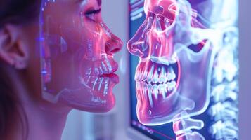 A healthcare professional studies advanced 3D imaging technology showing a detailed visual of the human skull alongside a patient's profile in a clinical environment. photo
