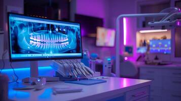 A dental clinic showcases advanced technology with an illuminated screen displaying an x ray of teeth, highlighting a professional and modern atmosphere. photo