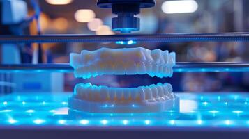 A dental lab utilizes advanced 3D printing technology to create a lifelike model of human teeth, capturing intricate details. Blue light illuminates the printing process. photo