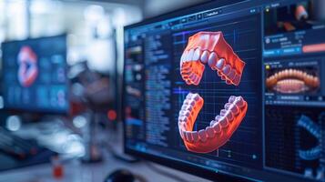 Detailed digital representations of dental arches are showcased on a computer screen in a well equipped laboratory, highlighting the integration of technology in dental research and design. photo