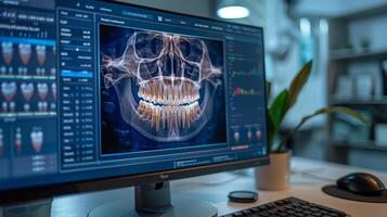 A computer screen shows a detailed dental analysis of a skull, showcasing advanced imaging technology in a well lit office. The scene reflects a focus on dental health and diagnostic processes. photo