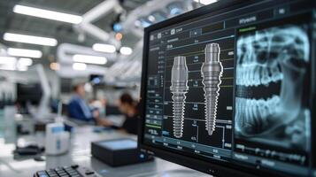 A dental clinic equipped with advanced technology features a computer screen displaying 3D designs of dental implants alongside X ray images of a patient's jaw, emphasizing precision in dental care. photo