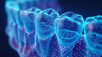 This visual displays a highly detailed digital rendering of human teeth with an emphasis on their structure and glowing effects, highlighting modern dental technology in a futuristic style. photo