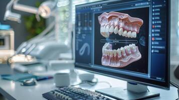 Advanced digital dental models displayed on a computer screen illustrate tooth anatomy and placement. A clinical setting enhances the focus on dental health and technology. photo
