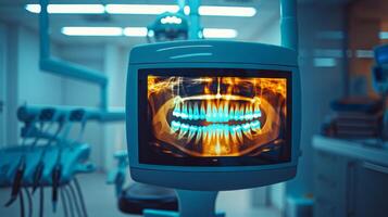 A dentist's workstation, is shown with a clear display of an x ray image showcasing the intricate details of a patient's dental structure illuminated by bright artificial lights. photo