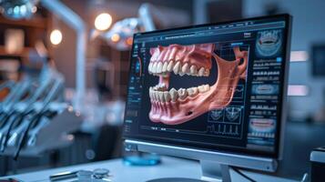 A detailed view of advanced dental imaging, software showcasing a 3D model of a jaw and teeth on a computer screen in an equipped dental office. photo