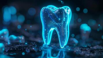A bright, neon blue tooth with sparkling elements reflects on a dark surface, emphasizing the importance of dental hygiene and technological advancements in dentistry. photo