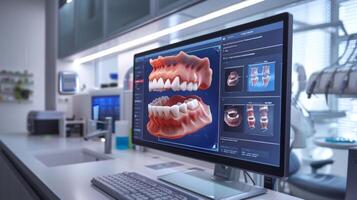 A dental clinic features a sleek computer workstation with a high resolution screen displaying intricate 3D models of teeth and gums, highlighting dental health analysis for a patient consultation. photo