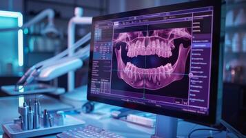 A dental office showcases a high tech setup with a computer displaying detailed x ray images of teeth. Tools are neatly arranged, highlighting a focus on patient care and technology. photo