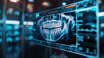 Detailed x ray of human teeth is presented on a screen in a modern dental clinic, showcasing advanced imaging technology and interactive digital tools for diagnostics and analysis. photo