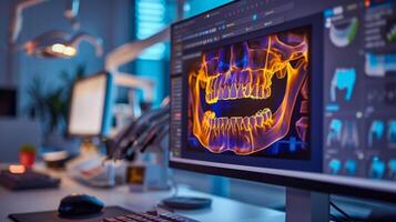 A computer screen in a dental office shows a colorful visualization of a jaw and teeth, highlighting dental structures with advanced imaging technology. photo