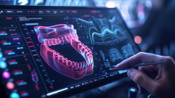 A hand interacts with a touchscreen displaying a detailed 3D model of a human jaw, showcasing advanced digital designs and vibrant colors in a high tech setting. photo