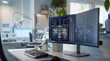 A dental clinic features two monitors displaying detailed dental x rays, showcasing advanced imaging technology. The workspace is bright and well organized, promoting a professional atmosphere. photo