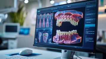 A detailed examination of dental structures displayed on a sleek computer monitor in a contemporary dental clinic, featuring 3D models of teeth and jaw alignment for analysis. photo