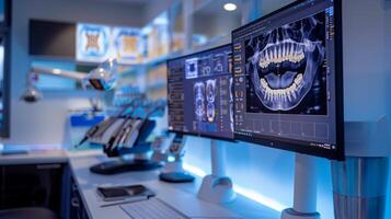 In a modern dental clinic, two computer monitors display detailed digital x rays of a patient's teeth, highlighting advanced technology in dentistry for diagnosis and treatment planning. photo