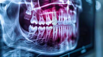 A detailed dental x ray reveals the arrangement of teeth along with any potential dental issues in a clinical environment, showcasing the importance of regular check ups. photo