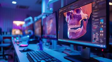 Modern healthcare facility showcases advanced imaging technology with a computer displaying a detailed skull scan. The environment is illuminated with ambient light, creating a high tech atmosphere. photo