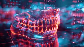 A 3D jaw model illuminated with vivid colors showcases the intricate structure of teeth. The background features digital elements, enhancing the technological theme of dental practices. photo