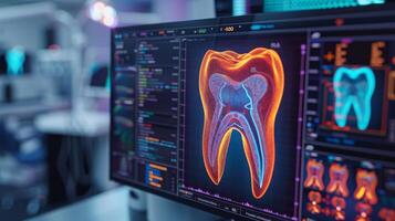 A vibrant display shows intricate details of tooth anatomy on a computer monitor within a contemporary dental practice. The setting suggests advanced technology use in dental health assessments. photo