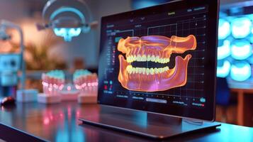 A cutting edge dental technology, setup highlights a vibrant 3D visualization of dental anatomy on a computer screen in a modern clinic environment during daylight hours. photo