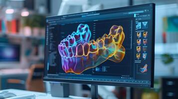 A detailed 3D visualization of a human jaw structure, is shown on a computer screen in a contemporary dental office environment designed for high tech consultations. photo