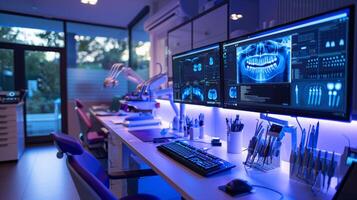 A modern dental office equipped with high tech monitors displaying dental scans and tools. The space is well lit with a sleek design, promoting a professional and inviting atmosphere. photo
