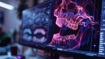 A computer monitor showcases colorful 3D models of teeth and jaw structures, highlighting advanced dental imaging techniques used in modern dental practices. photo