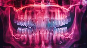 This visual showcases a vivid digital rendering of a human skull, focusing on teeth and jaw alignment with bright colors and sharp contrasts, revealing intricate anatomical features. photo