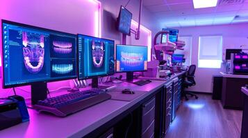 This professional dental workspace showcases multiple monitors displaying intricate dental imaging. The area is well lit with colorful ambient lighting, creating a modern, inviting environment. photo