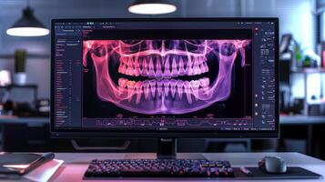 A digital workspace showcases sophisticated dental imaging software revealing a 3D representation of teeth and jaw alignment, aiding orthodontists in treatment planning. photo