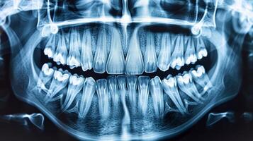 Close examination reveals the arrangement of teeth, roots, and possible dental issues in both the upper and lower jaw, assisting in diagnosis during a routine dental checkup. photo