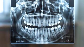 A dental X ray displays a comprehensive view of the entire set of teeth, highlighting the alignment and condition of molars, incisors, and gum health. photo