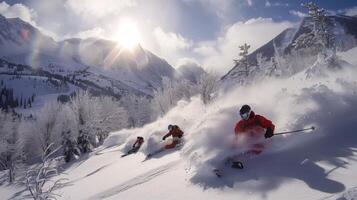 Three skiers carve through fresh snow on a scenic slope, with majestic mountains in the background illuminated by the sun during a clear winter day. photo