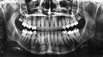 The X ray reveals the arrangement of teeth in the upper and lower jaws, highlighting potential dental issues such as cavities and misalignment for professional evaluation. photo