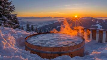 Warm steam rises from a rustic hot tub as the sun sets behind majestic snow covered mountains, creating a peaceful atmosphere in the winter wilderness. photo